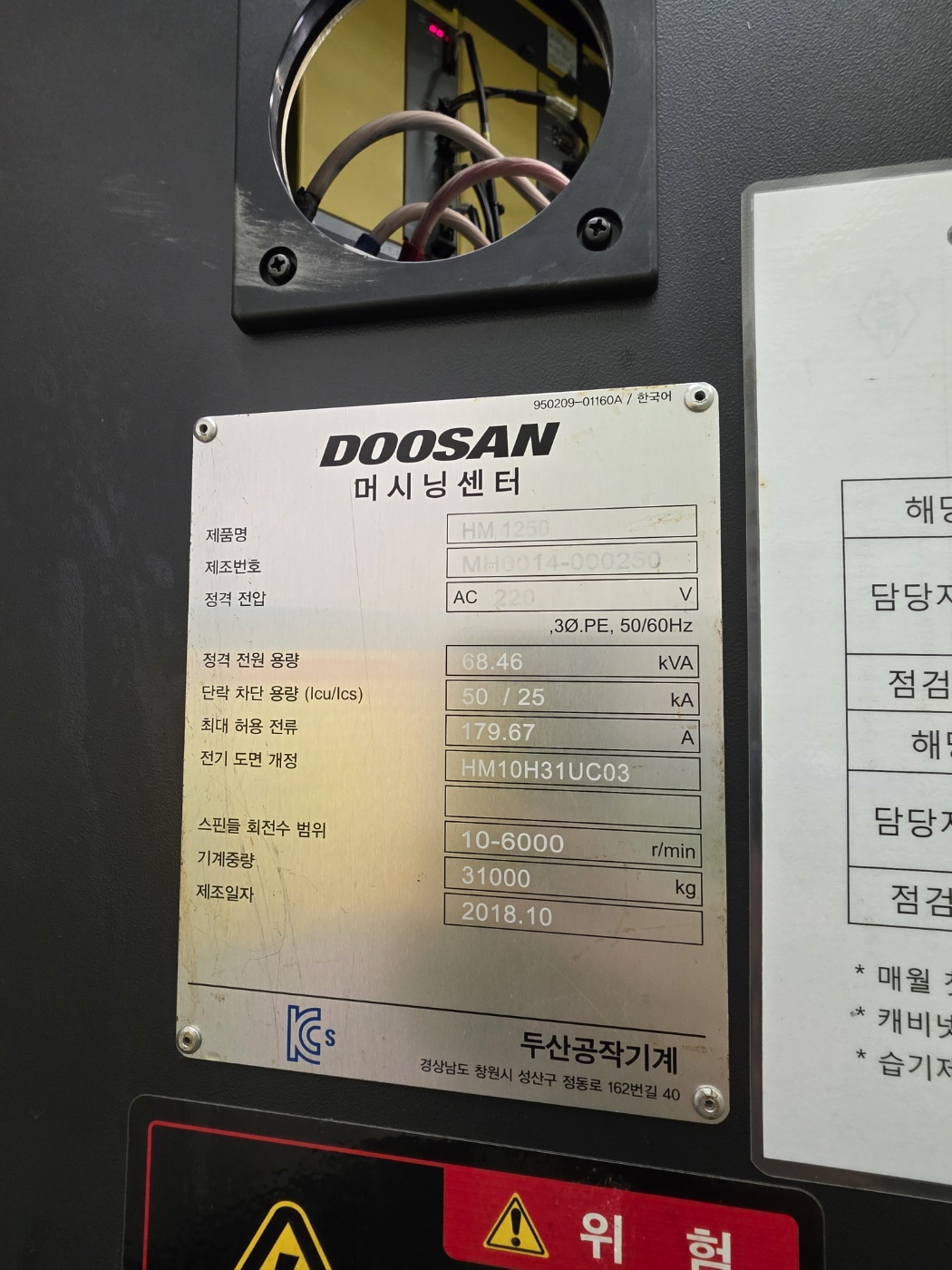 두산  호리젠탈 머시닝센터  HM-1250 (2018년 10월)