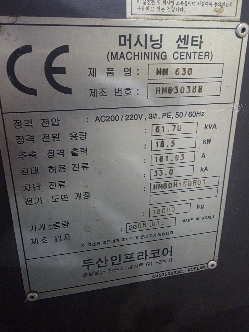 두산  호리젠탈 머시닝센터  HM-630  (2008년 1월)